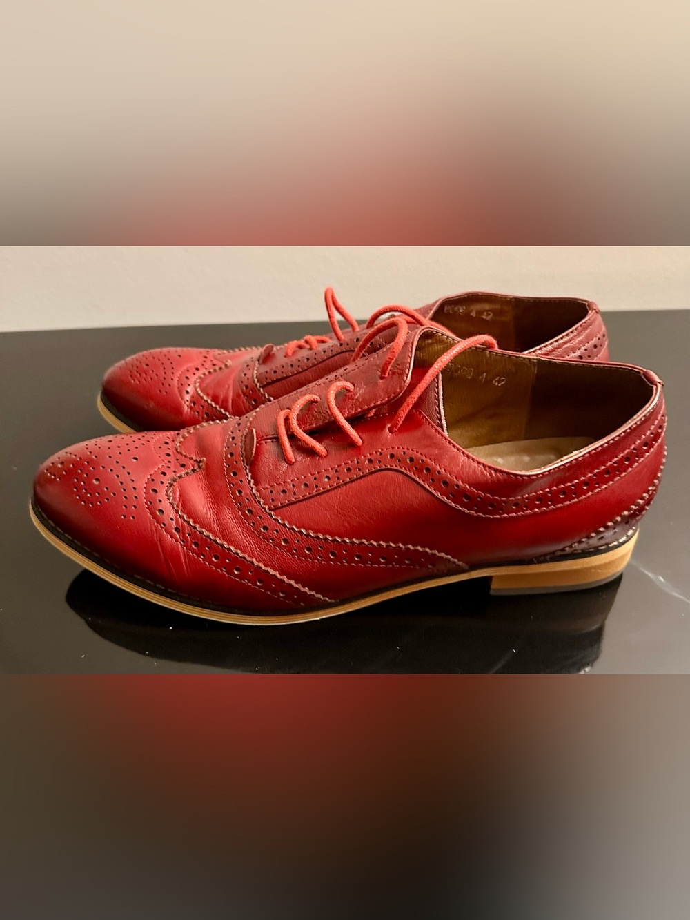 Women's Red Leather Wingtip Loafers - Classic Brogue Flats